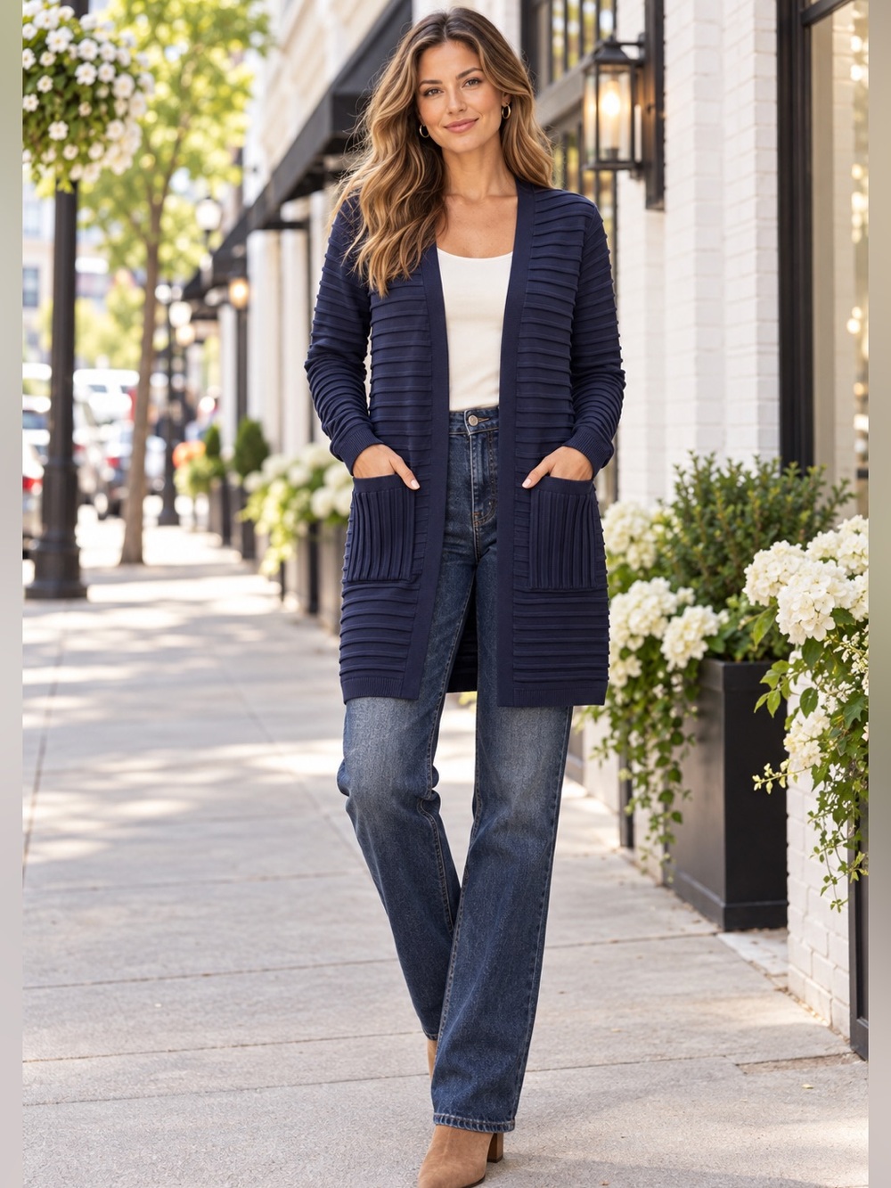 NEW Alexa Rae Navy Blue Stretch Ribbed Long Pocketed Comfy Fall Cardigan Sweater